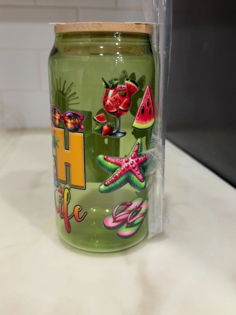 Green Beach-Graphic Glass Canister with Bamboo Lid
